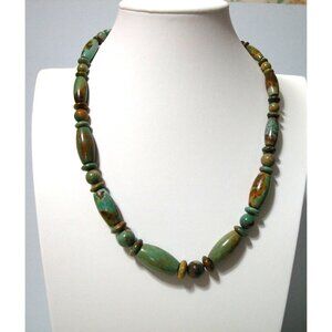 Green Turquoise Beaded Necklace With Barrel & Round Beads 22Inches /3Inch Extens